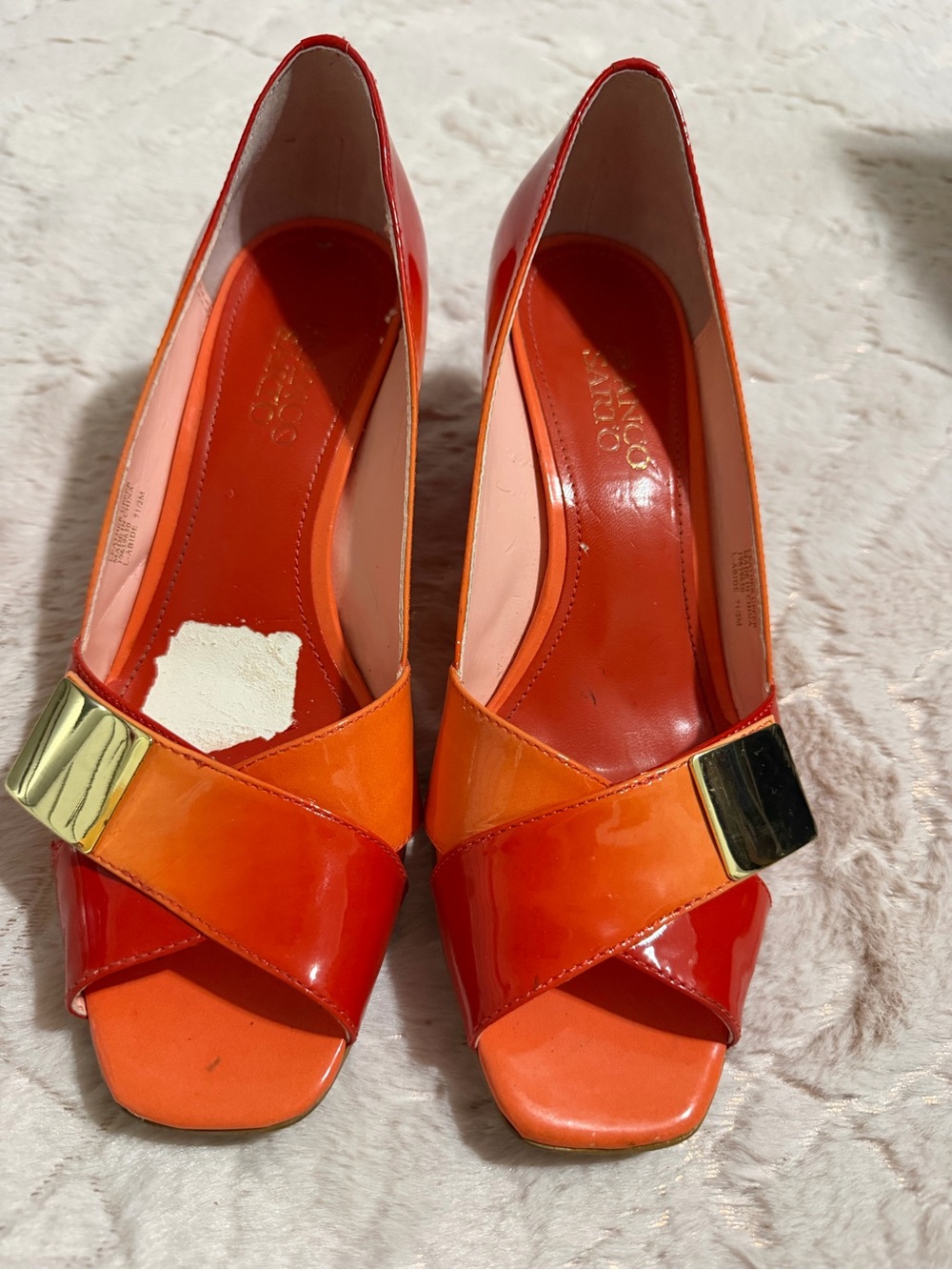 Franco Sarto Orange-Red Patent Peep-Toe Heels with Gold Accent